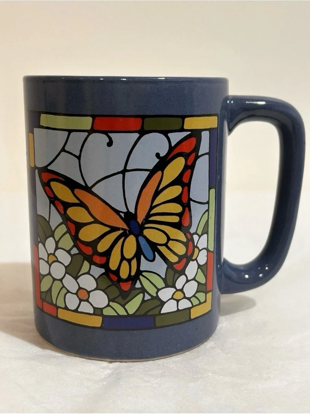Vtg Otagiri Japan Stained Glass Look Butterfly Coffee Mug Blue Ceramic